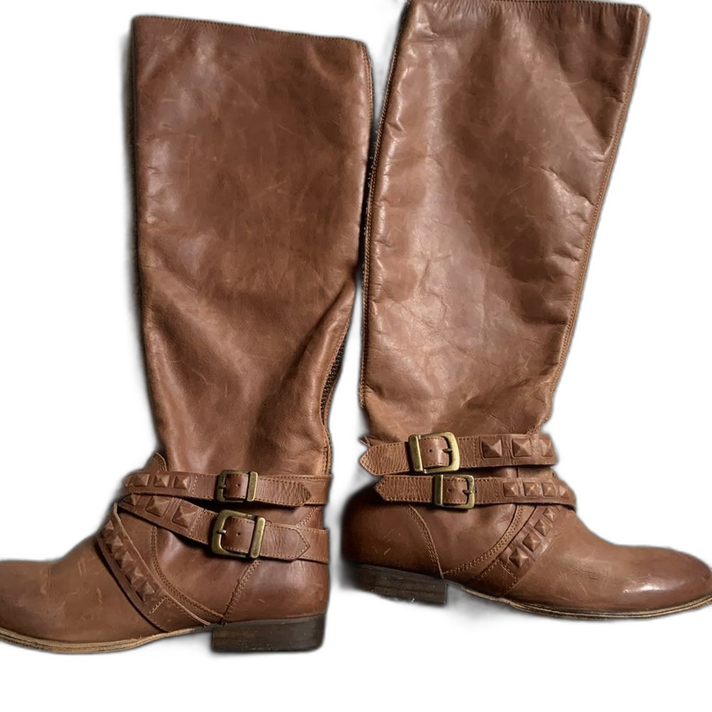 MNTG Brown Leather Riding Boots Size 5.5 NWT Studded Strap Tall Flat Moto Boho - Picture 3 of 10